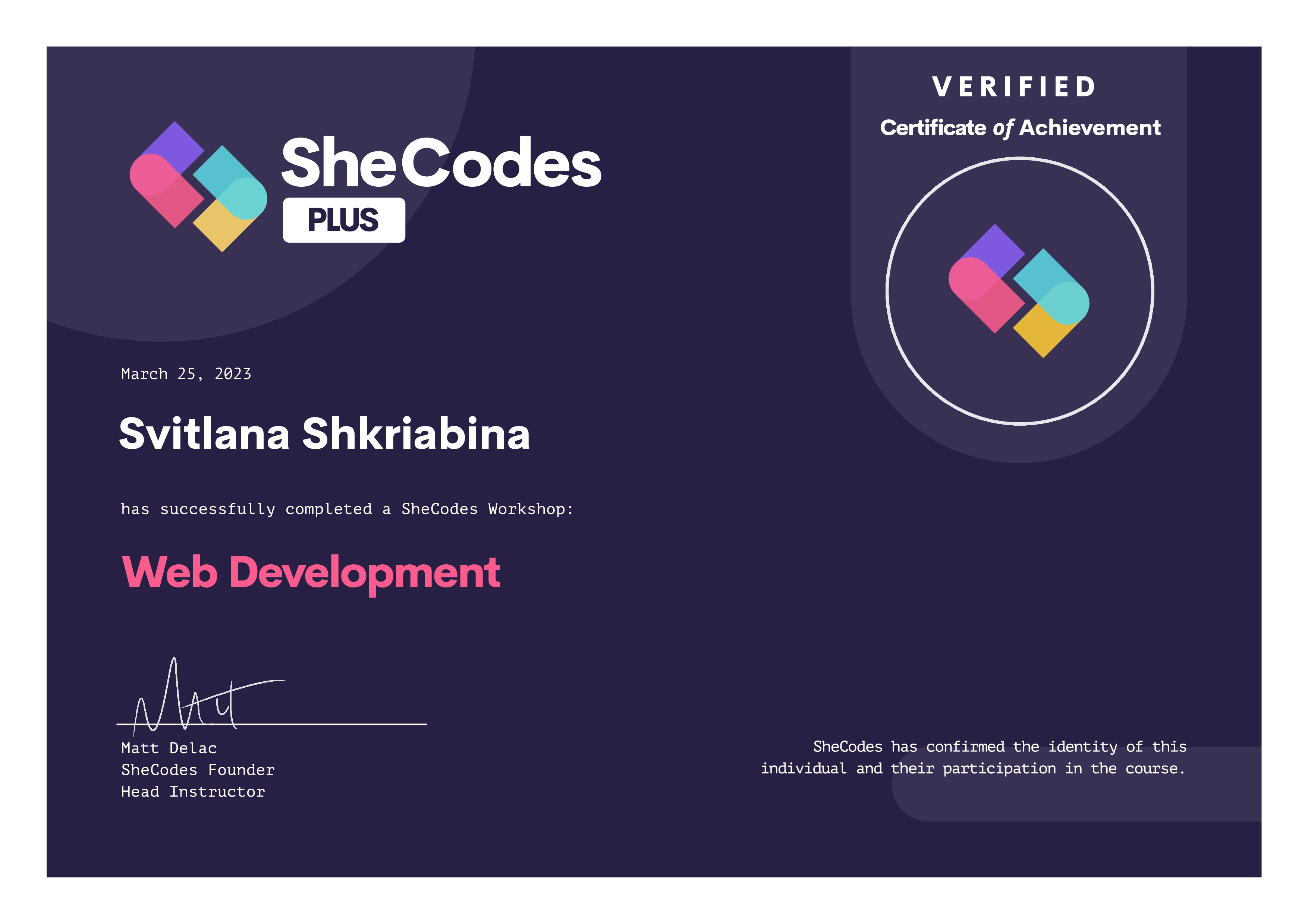 Svitlana's certificate