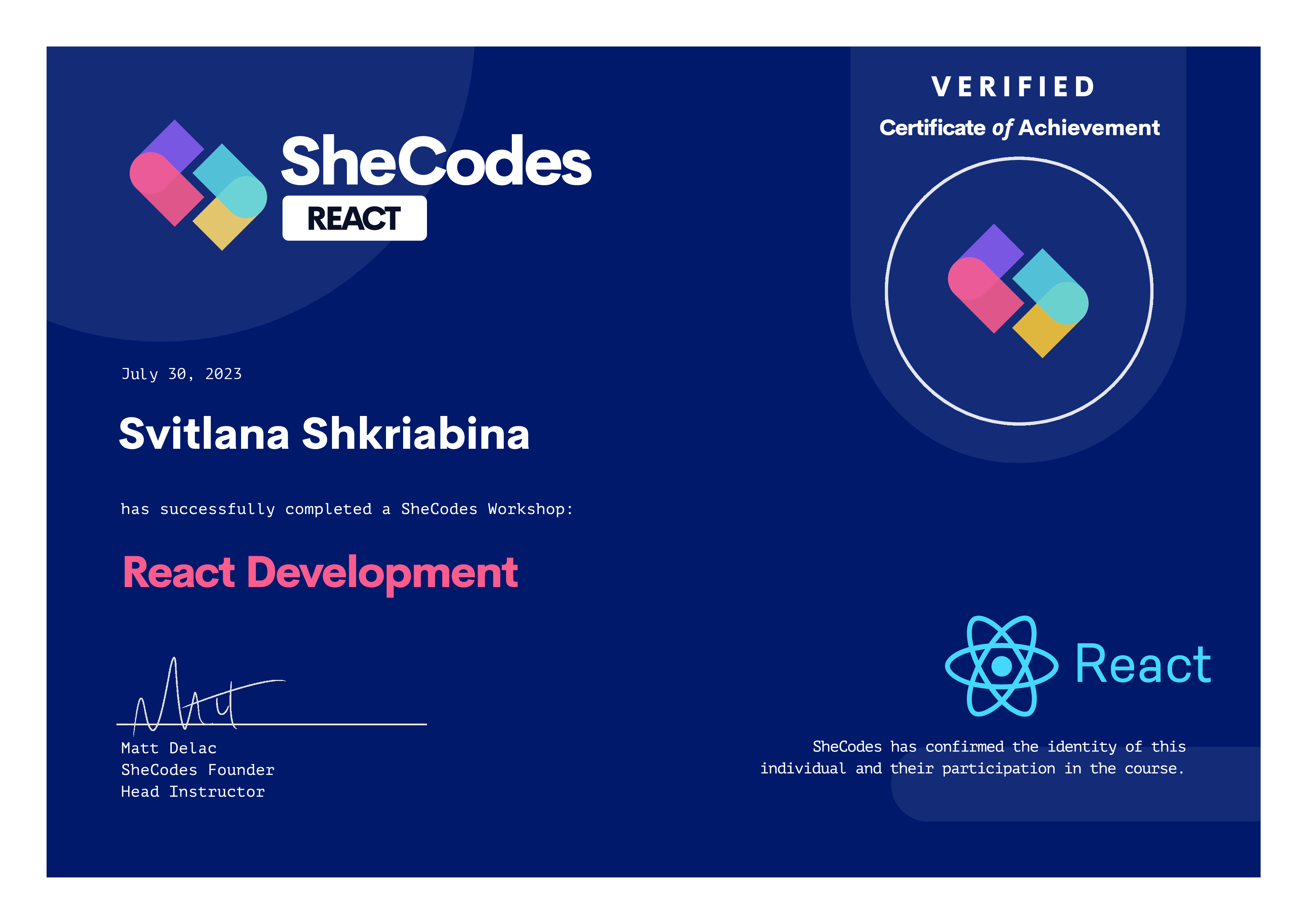 Svitlana's certificate